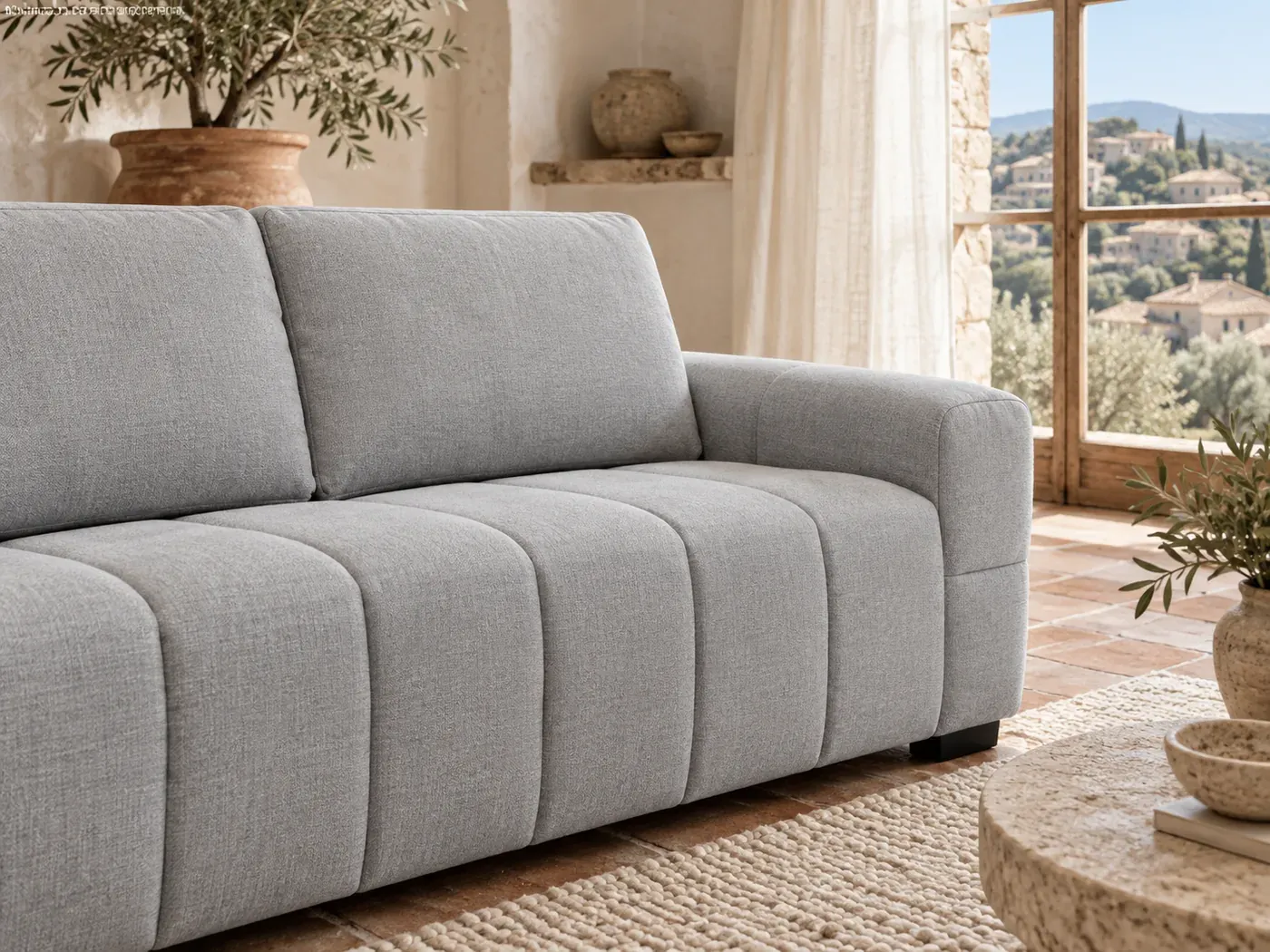 Morea, 3 places droit convertible, coloris gris clair : gros plan sur le tissu