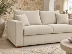 Canapé Augustin Bobochic, 3 places droit convertible express couchage 140x200, velours côtelé, coloris beige, mise en situation dans un salon
