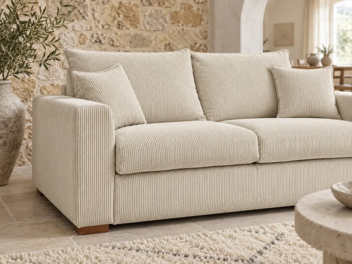 Augustin, 3 places droit convertible express couchage 140x200, velours côtelé, coloris beige : gros plan sur les coussins