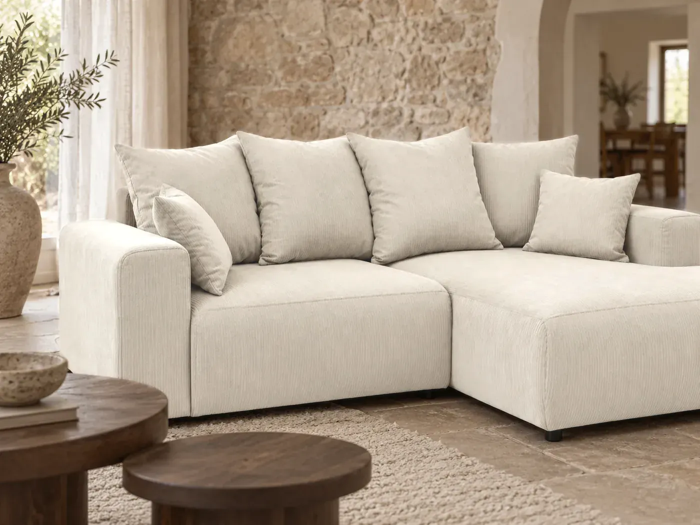 Enjoy, 3 places d'angle fixe, coloris beige : gros plan sur le tissu