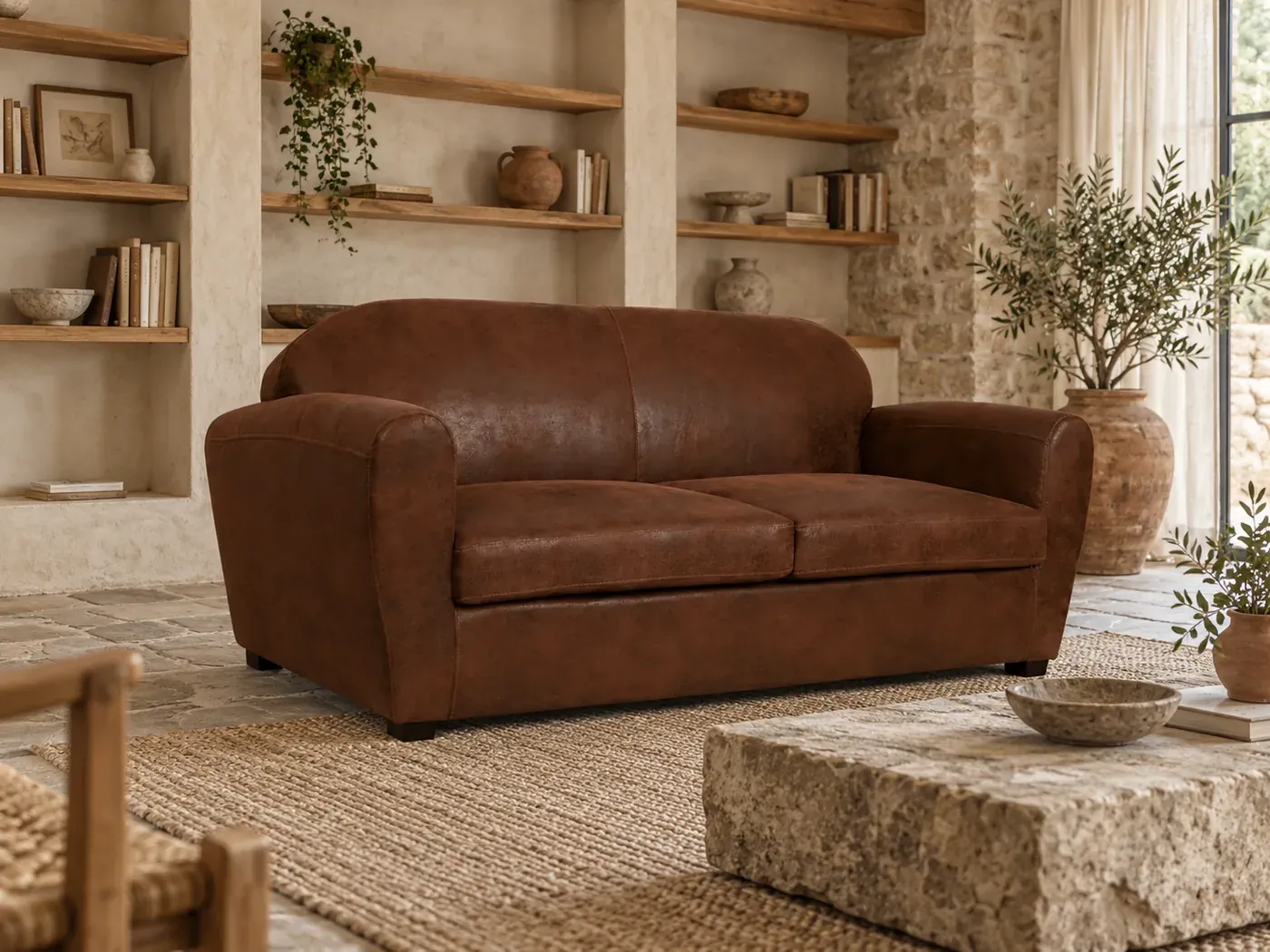 Canapé Owen Maisons du Monde, coloris Canapé microfibre aspect cuir vieilli 3 places (mise en situation illustrée par IA)