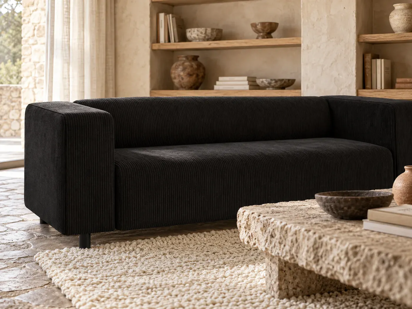 Nils, 3 places droit fixe, tissu, coloris noir : gros plan sur le tissu