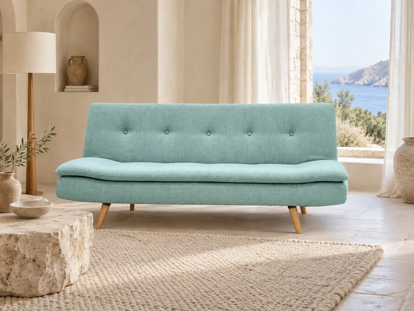 Canapé Senso Miliboo, 3 places droit convertible, coloris vert lagon