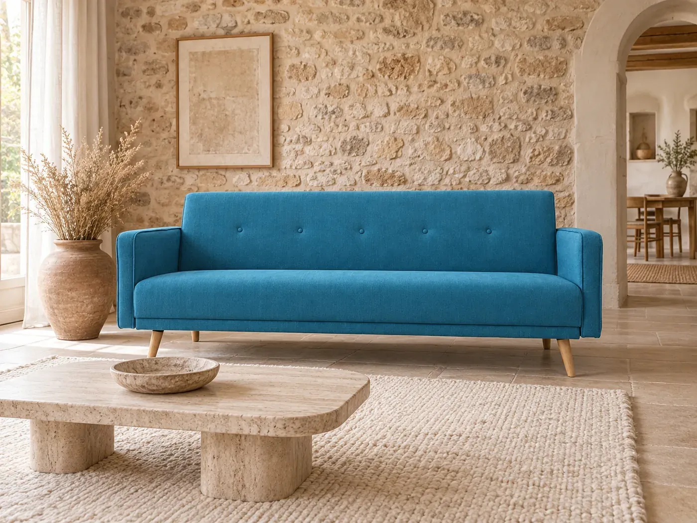 Canapé Ulla Miliboo, coloris Bleu (mise en situation illustrée par IA)