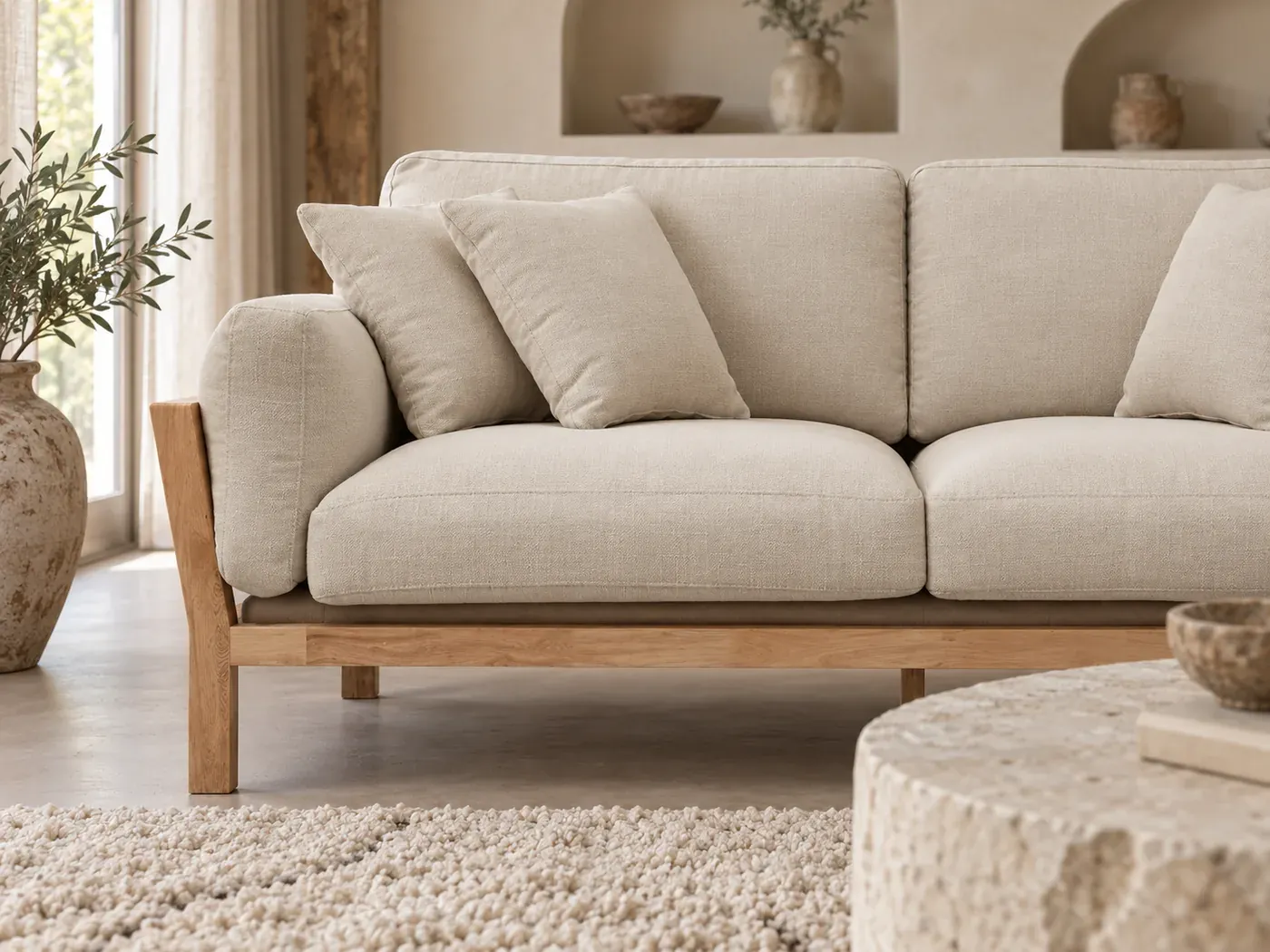 Kyo, 3 places droit fixe, coloris blanc crème : gros plan sur les coussins