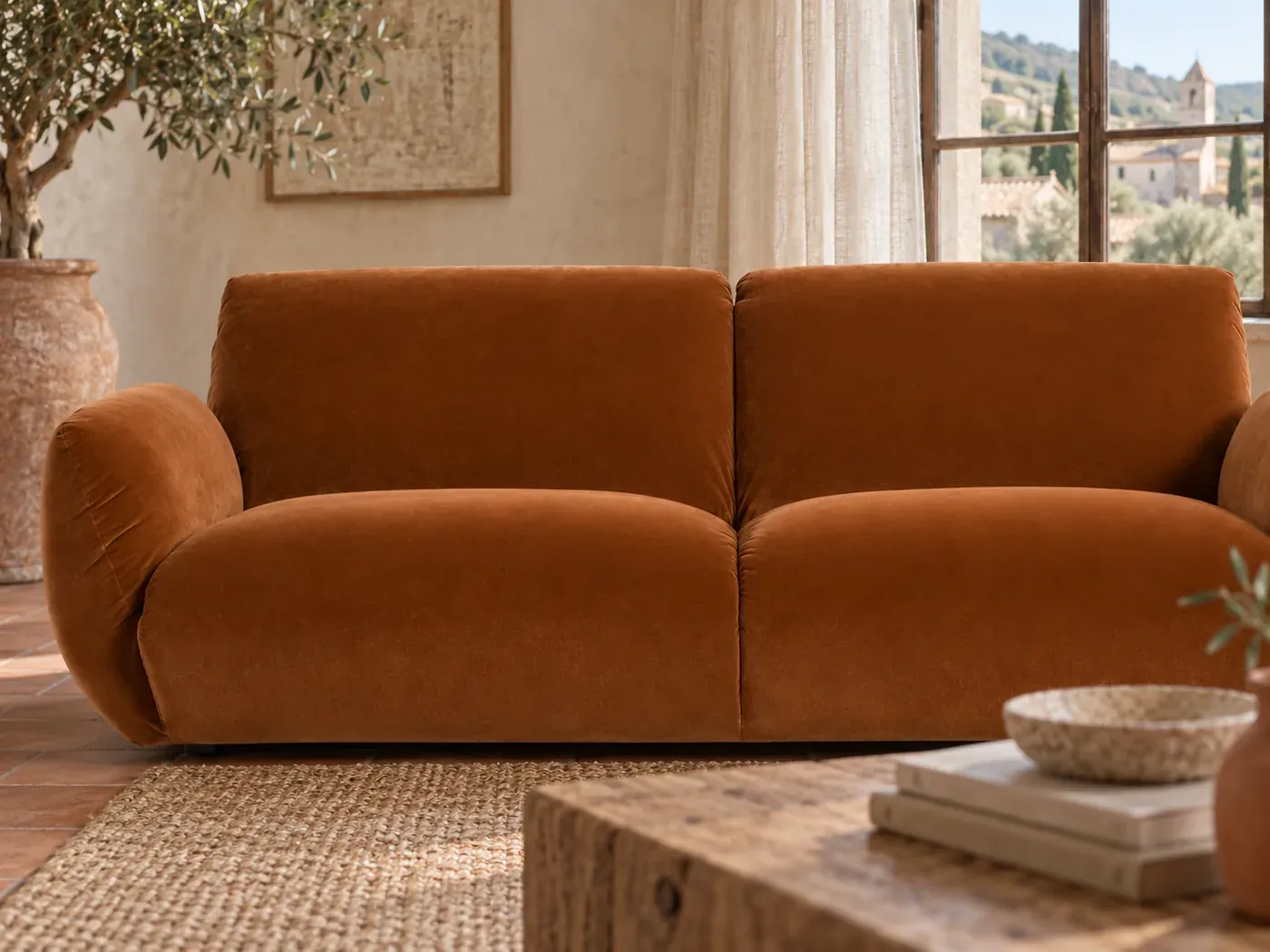 Spogano, 3 places droit fixe, velours, coloris caramel : gros plan sur les coussins