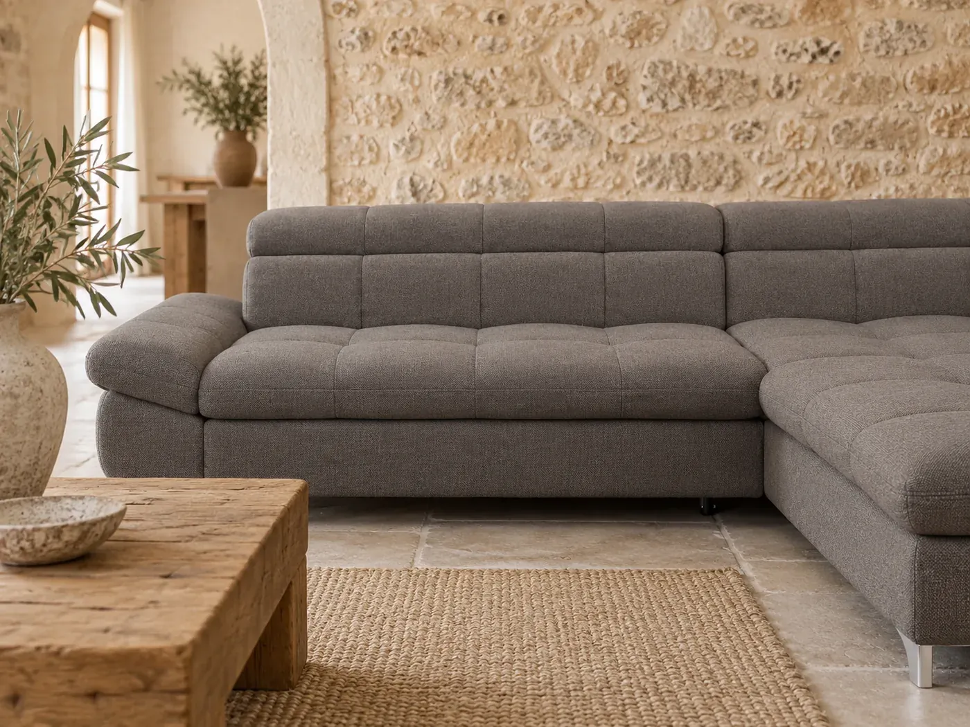 Twin, 4 places d'angle convertible, coloris gris : gros plan sur les coussins