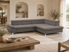 Canapé Twin Conforama, 4 places d'angle convertible, coloris gris, mise en situation dans un salon (illustration IA 3)