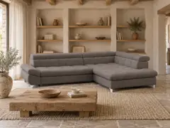 Canapé Twin Conforama, 4 places d'angle convertible, coloris gris, mise en situation dans un salon (illustration IA 4)