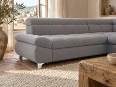 Canapé Twin Conforama, 4 places d'angle convertible, coloris gris, mise en situation dans un salon (illustration IA 5)