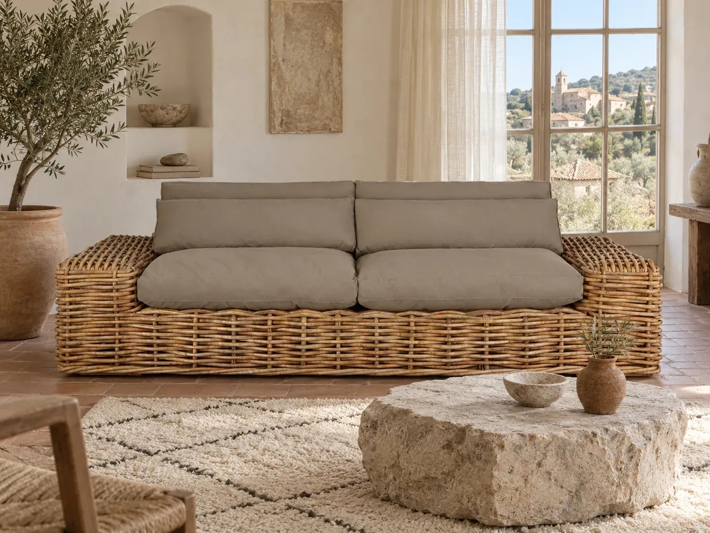 St Tropez, 2 places droit fixe, tissu, coloris taupe, dans un séjour provençal avec vue sur un village