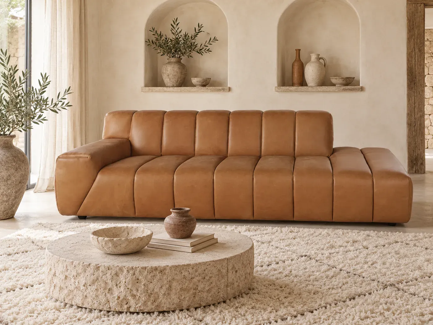 Canapé Snoop Maisons du Monde, 3 places droit fixe, cuir, coloris de vachette caramel
