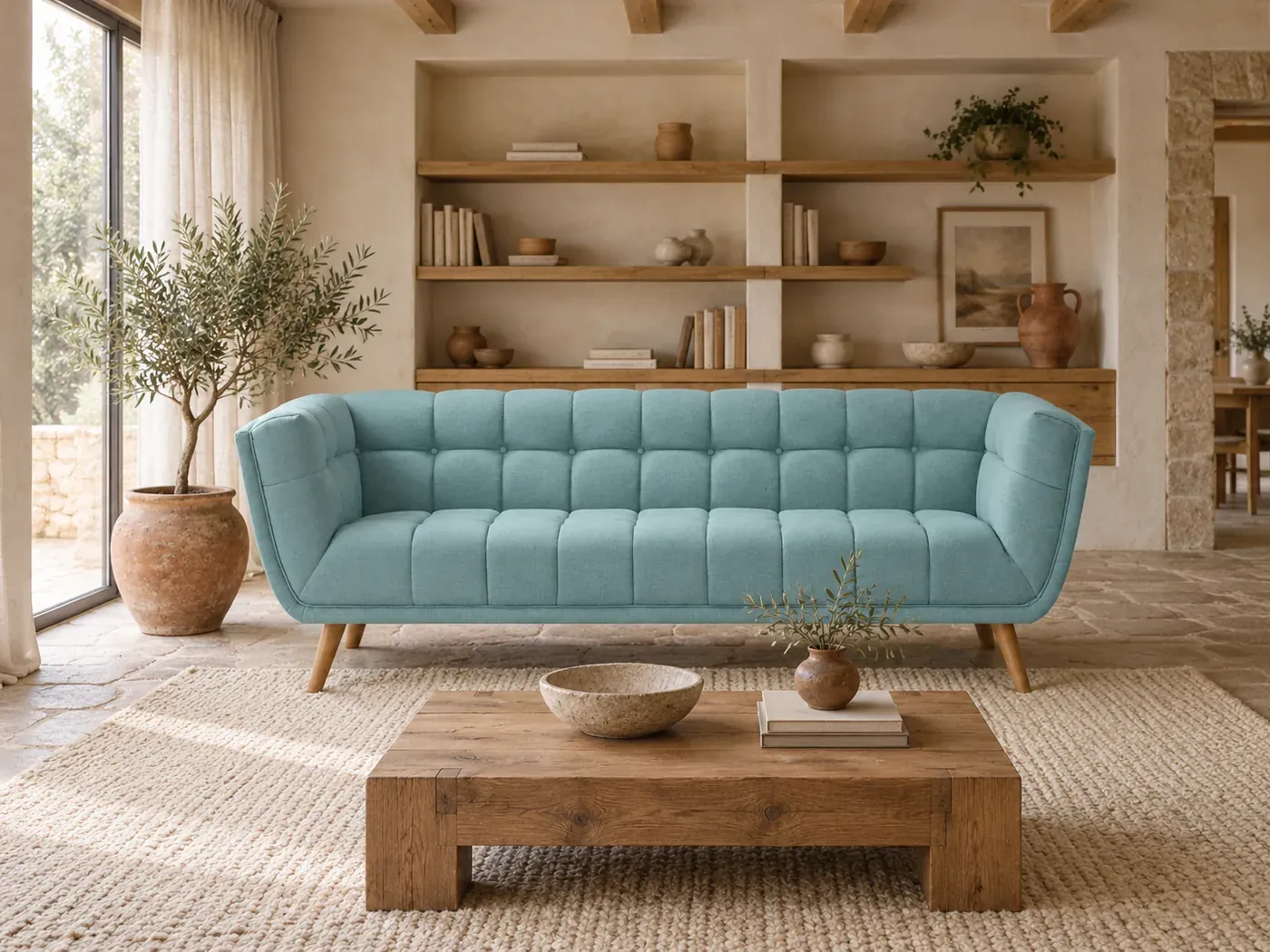 Mise en situation illustrée par IA à partir de la photo du coloris Canapé Carmen Maisons du Monde, coloris Bleu clair (mise en situation illustrée par IA)