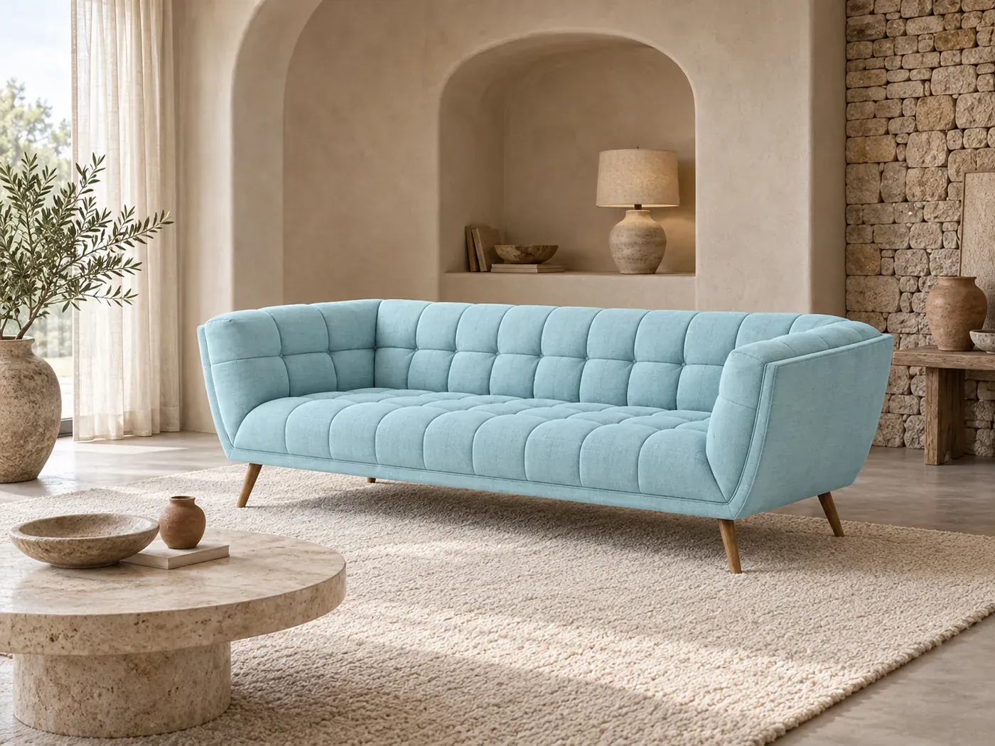 Mise en situation illustrée par IA à partir de la photo du coloris Canapé Carmen Maisons du Monde, coloris Bleu clair 4 places (mise en situation illustrée par IA)