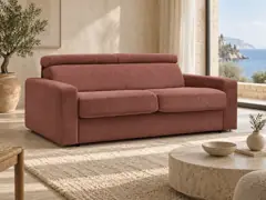 Canapé Monaco Bobochic, 3 places droit convertible express couchage 140x190, velours côtelé, coloris rose, mise en situation dans un salon