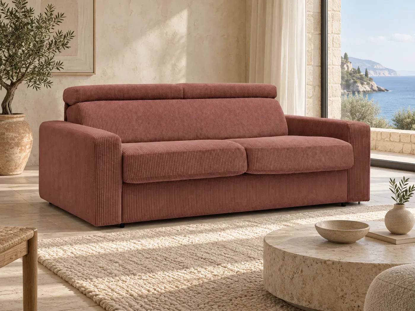Monaco, 3 places droit convertible express couchage 140x190, velours côtelé, coloris rose, dans un salon de villa avec vue sur la mer