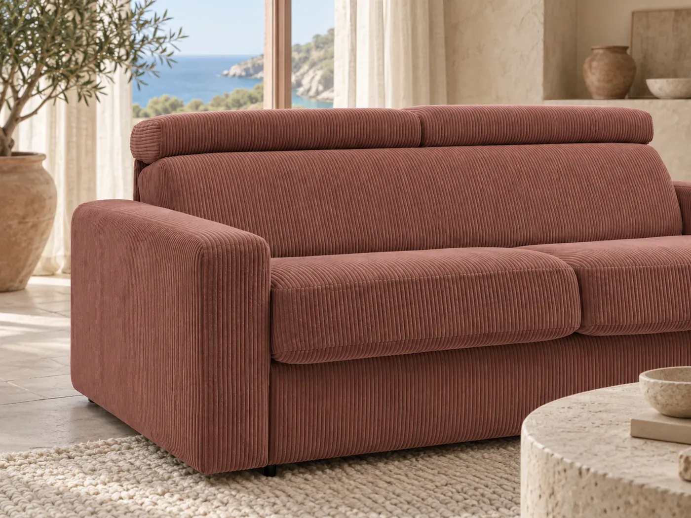 Monaco, 3 places droit convertible express couchage 140x190, velours côtelé, coloris rose : gros plan sur le tissu