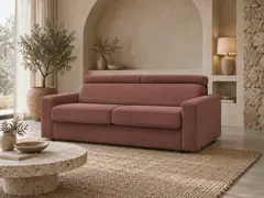 Canapé Monaco Bobochic, 3 places droit convertible express couchage 140x190, velours côtelé, coloris rose, mise en situation dans un salon