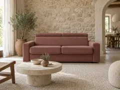 Canapé Monaco Bobochic, 3 places droit convertible express couchage 140x190, velours côtelé, coloris rose, mise en situation dans un salon