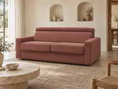 Canapé Monaco Bobochic, 3 places droit convertible express couchage 140x190, velours côtelé, coloris rose, mise en situation dans un salon