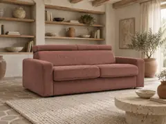 Canapé Monaco Bobochic, 3 places droit convertible express couchage 140x190, velours côtelé, coloris rose, mise en situation dans un salon
