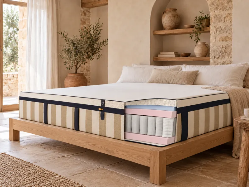 Matelas Hybride Tediber dans une chambre, épaisseur et couches visibles (illustration IA)