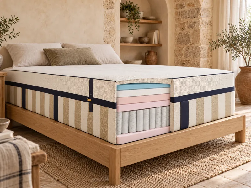 Matelas Hybride Infinite Tediber dans une chambre, épaisseur et couches visibles (illustration IA)