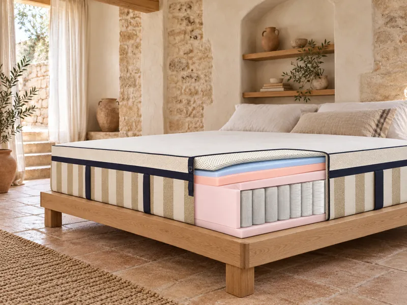 Matelas Hybride Premium Tediber dans une chambre, épaisseur et couches visibles (illustration IA)
