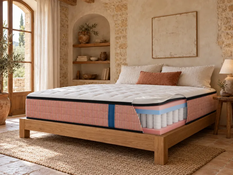 Matelas Signature Tediber dans une chambre, épaisseur et couches visibles (illustration IA)