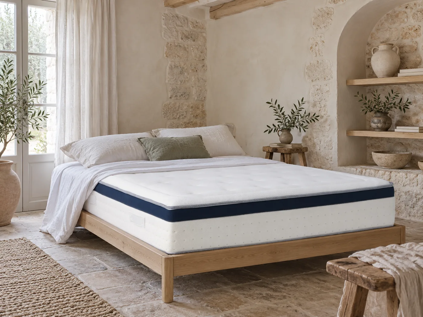 Matelas Edith Camif dans une chambre, épaisseur et couches visibles (illustration IA)