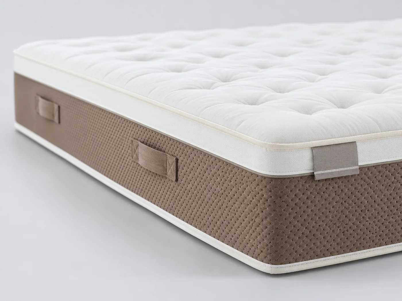 Matelas Hybride Premium 1326 ressorts La Redoute, gros plan sur le flanc : épaisseur de 30 cm et poignées
