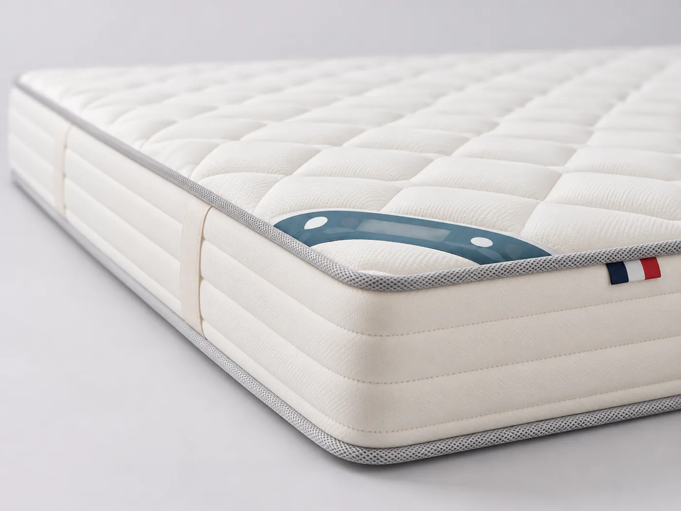 Matelas Mousse HR 35 kg/m³ et mousse viscoélastique La Redoute, gros plan sur le flanc : épaisseur de 19 cm et poignées