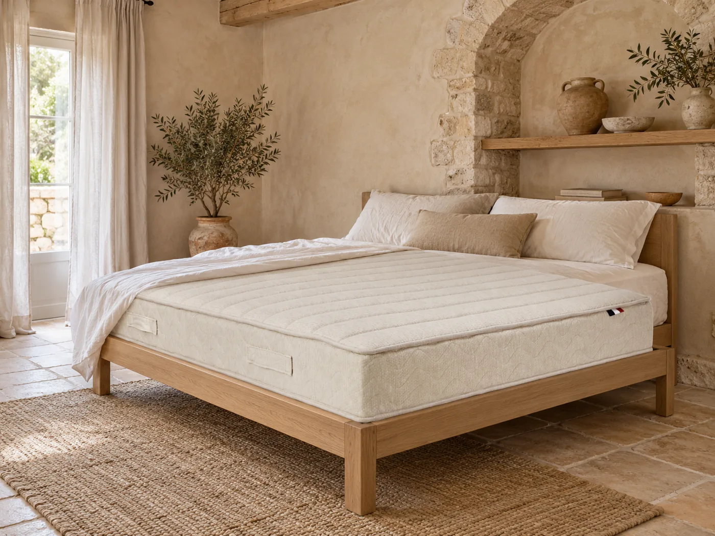 Matelas Théodore Camif dans une chambre, épaisseur et couches visibles (illustration IA)